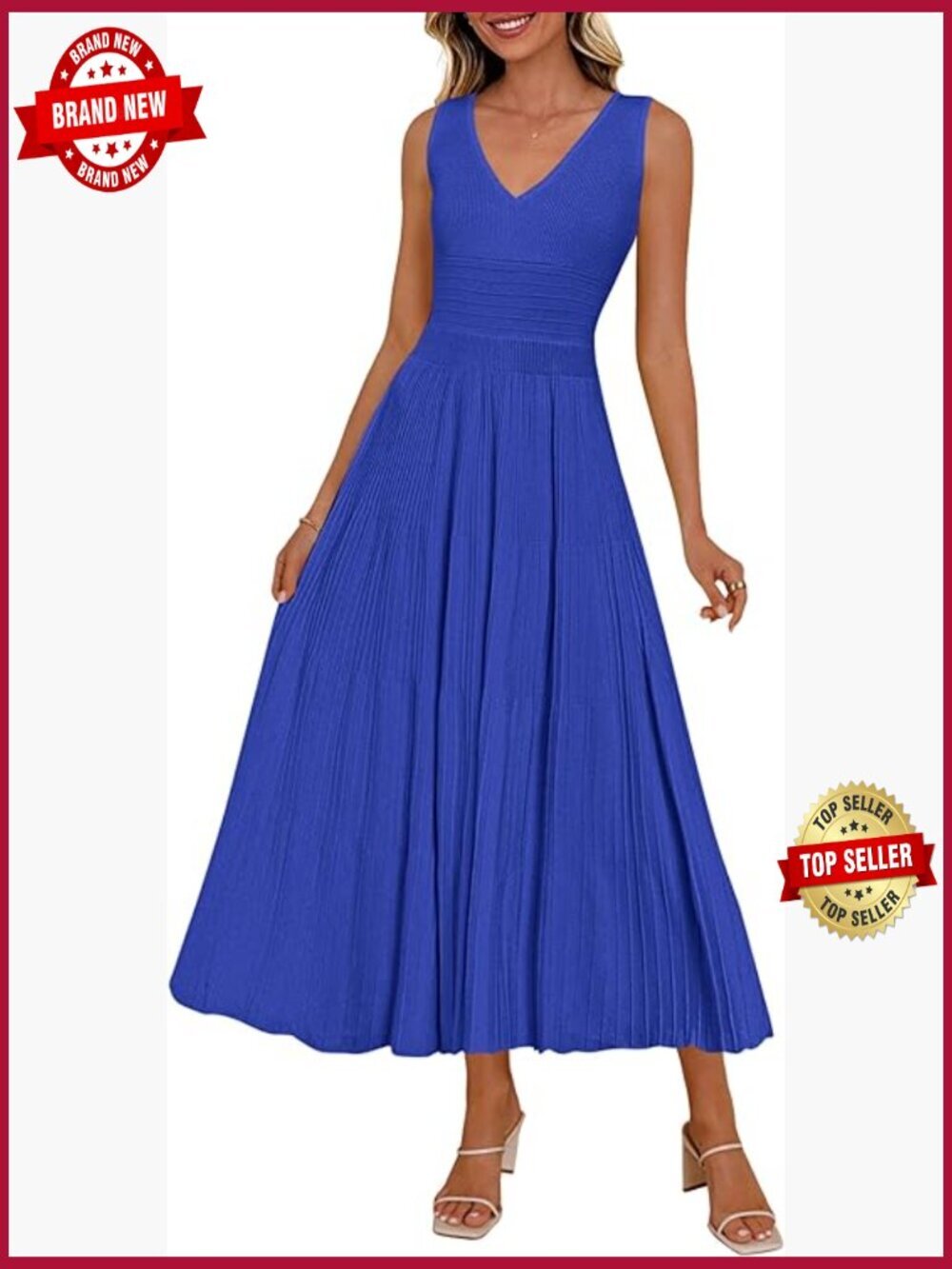 Sleeveless V Neck Pleated Midi Dress for Work or Cocktail